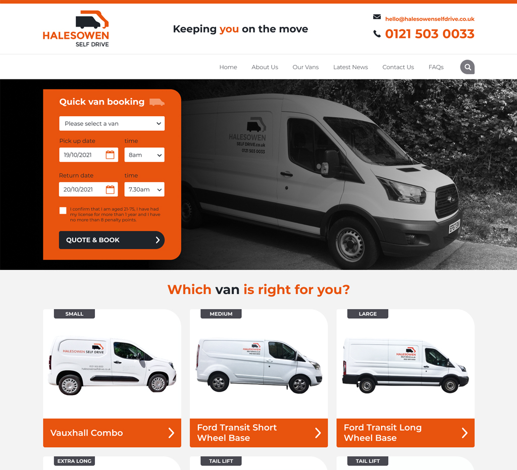 Desktop screenshot of Halesowen Self Drive website with search functionality and white van images