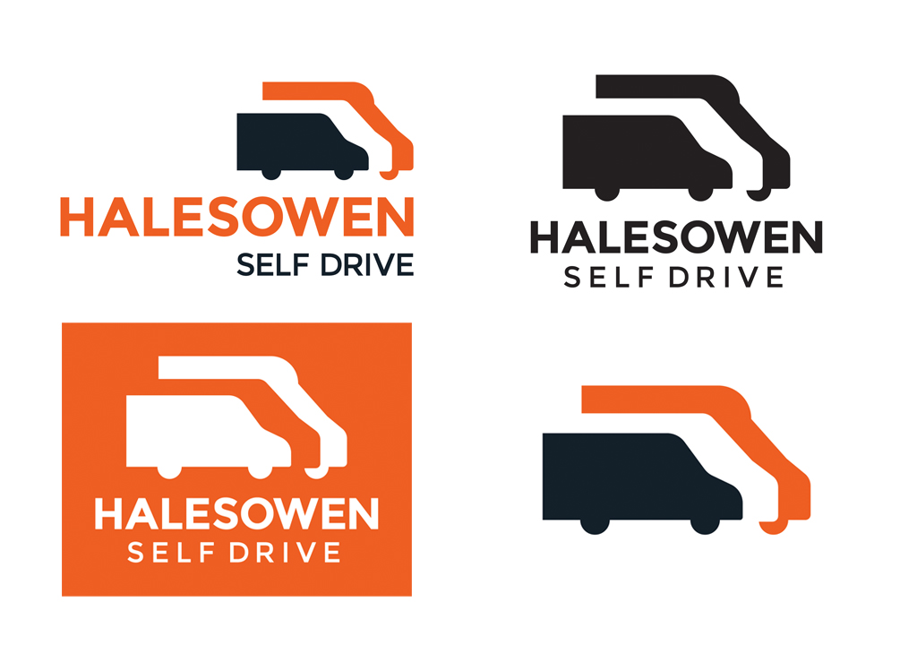 Collage of 4 Halesowen Self Drive logos featuring van logomark with text in orange, black and white