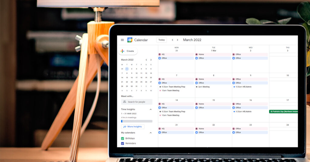Laptop screen with Google Calendar open for March, showing location options for meetings