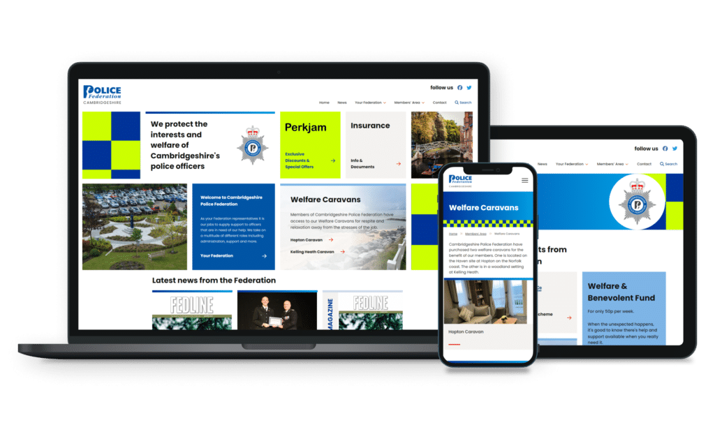 Cambridgeshire Police Federation website design showing home page on laptop, and various pages on iPhone and iPad