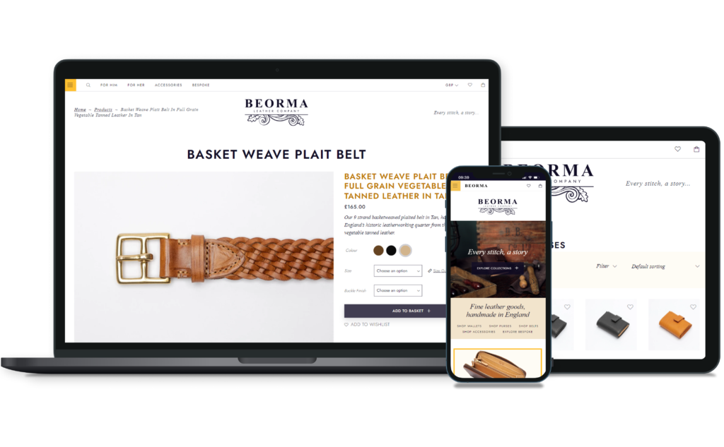 Beorma Leather Company website design on variety of devices, including laptop, iPad and iPhone